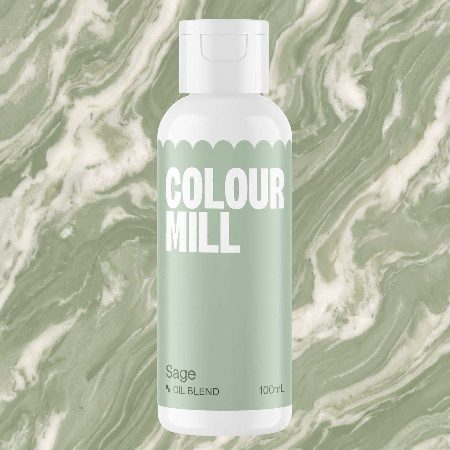Colour Mill Sage 100ml oil based food coloring bottle on a marbled background