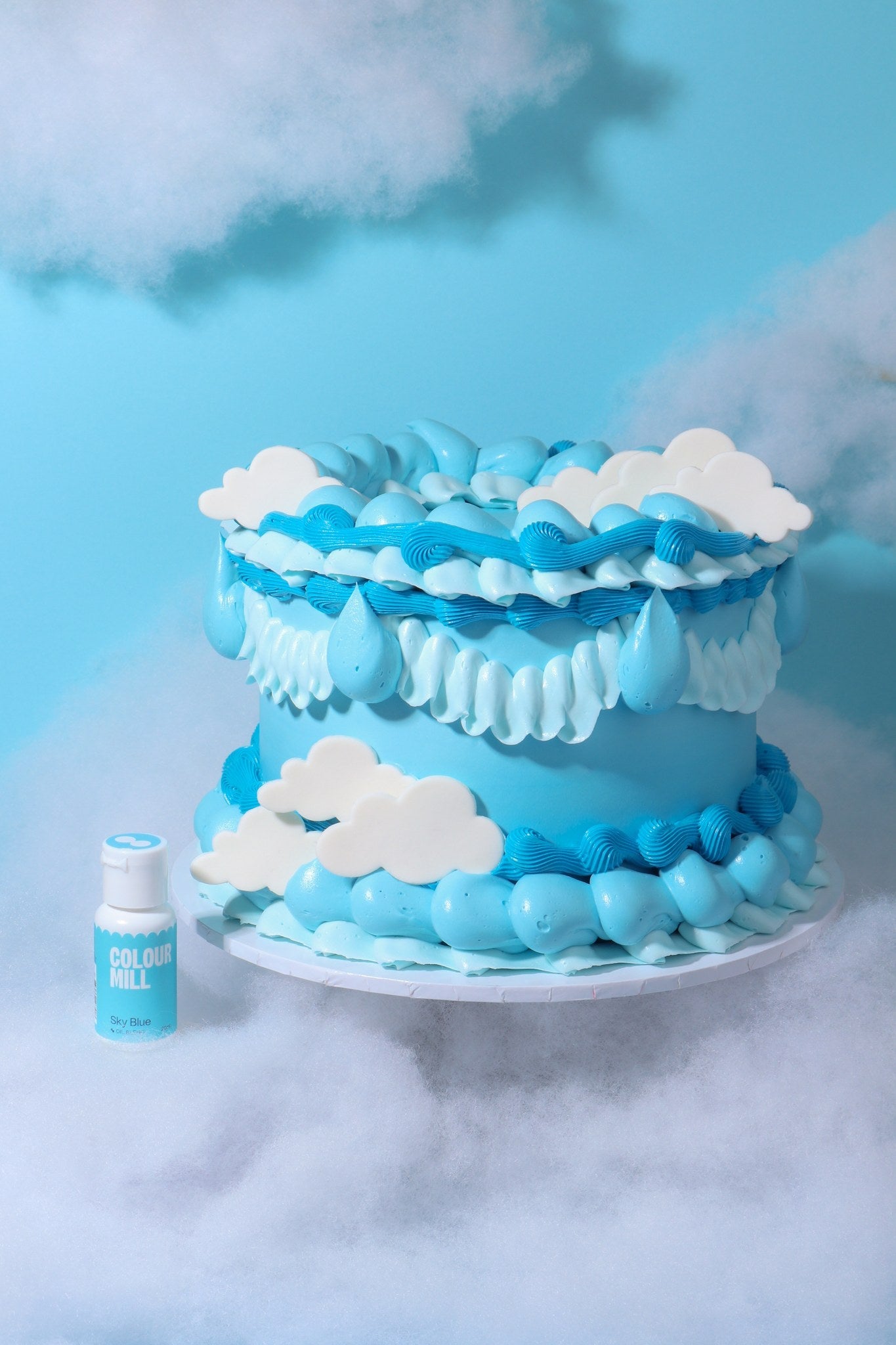 Cake decorated with buttercream colored using Colour Mill Sky Blue oil based food coloring