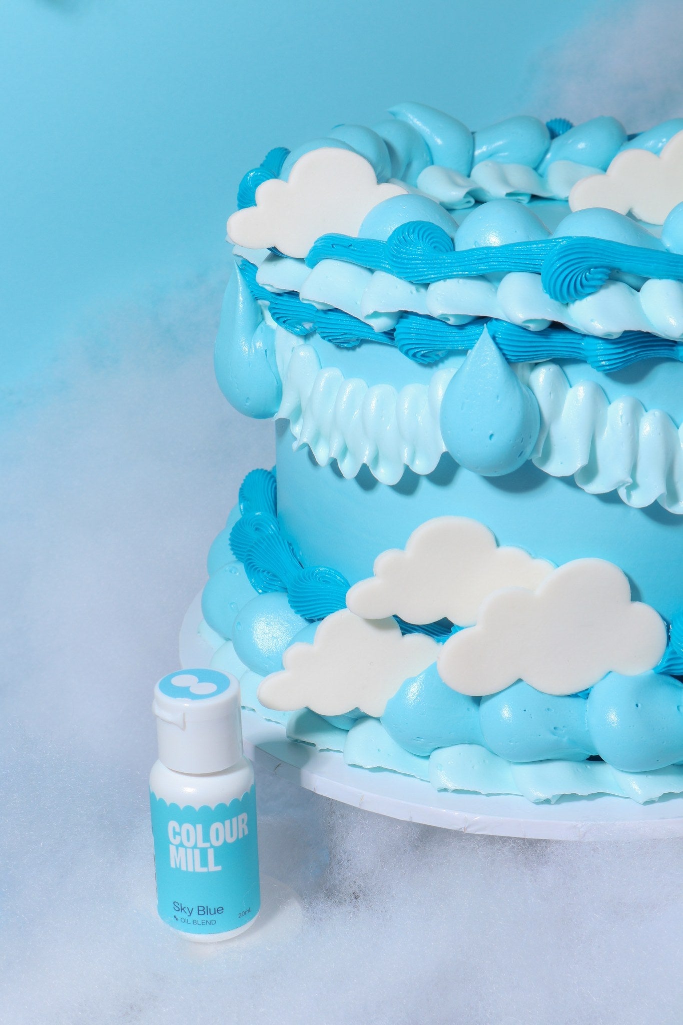 Cake decorated with buttercream colored using Colour Mill Sky Blue oil based food coloring