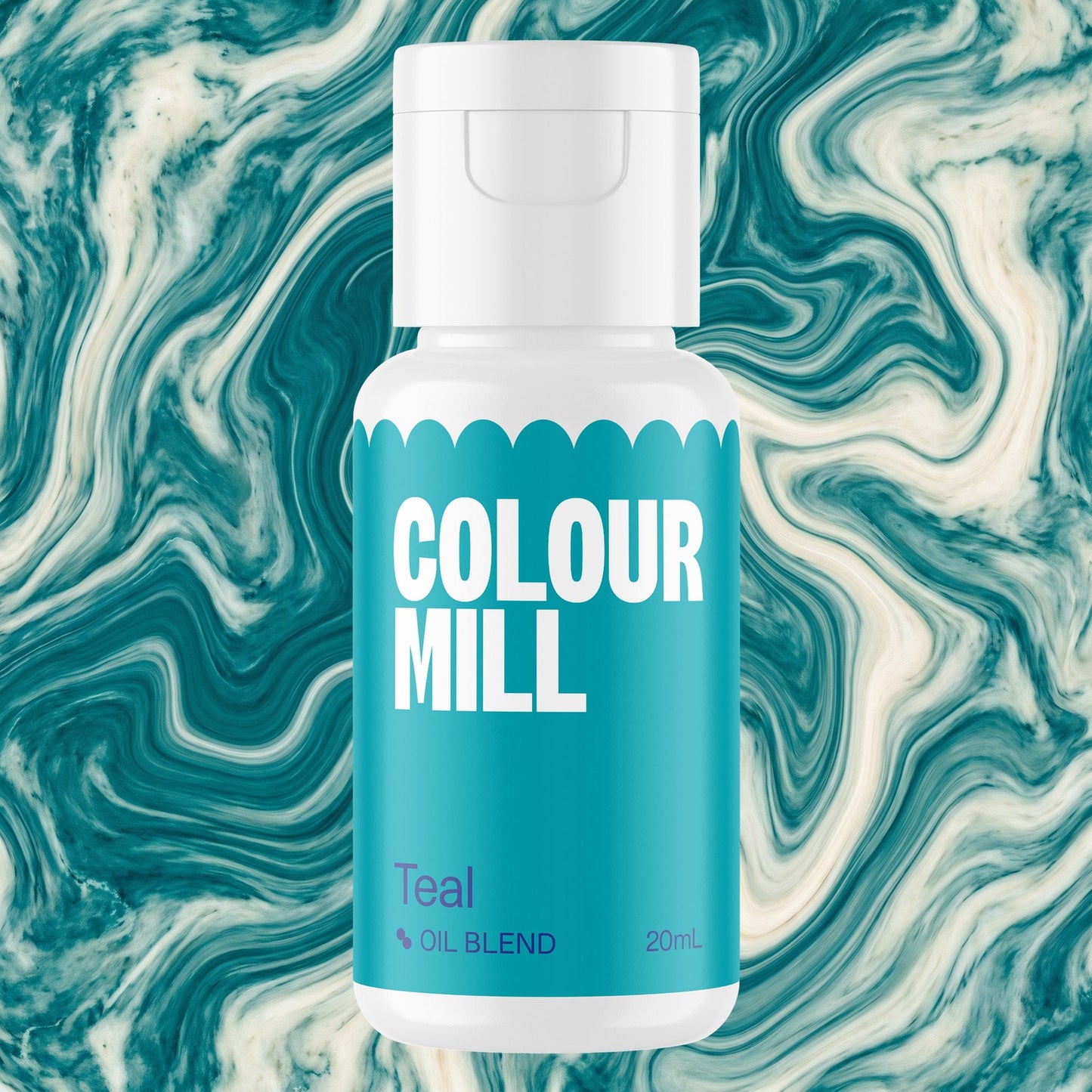 Colour Mill Teal 20ml oil based food coloring bottle on a marbled background
