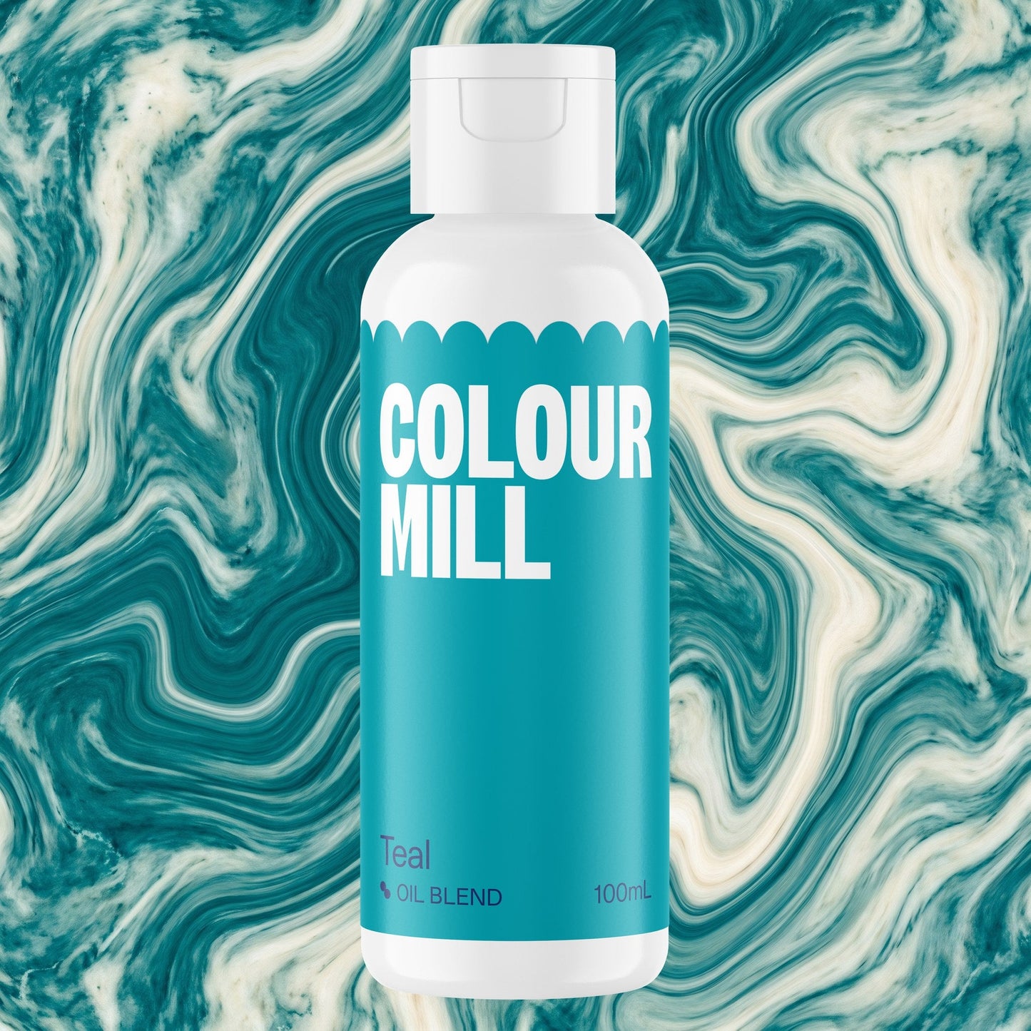 Colour Mill Teal 100ml oil based food coloring bottle on a marbled background