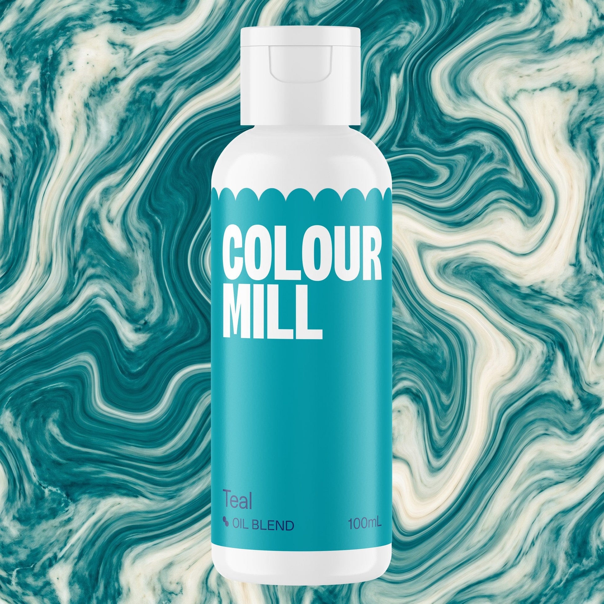Colour Mill Teal 100ml oil based food coloring bottle on a marbled background