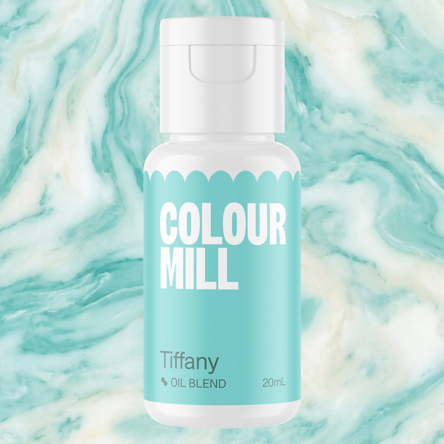 Colour Mill Tiffany 20ml oil based food coloring bottle on a marbled background