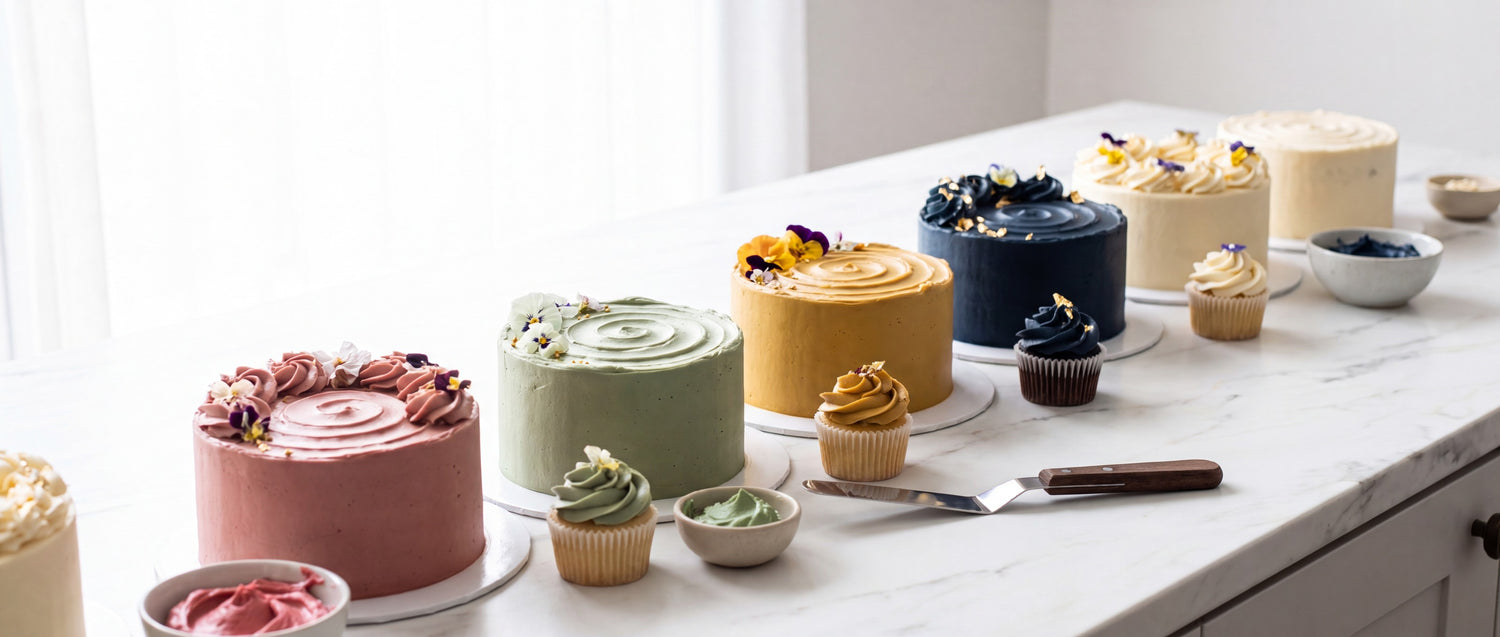Decorated cakes and cupcakes in muted dusty rose, sage, mustard and navy on a white marble bakery bench