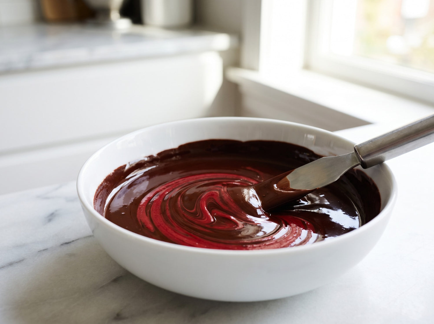 Red color being stirred smoothly into a bowl of glossy melted chocolate on white marble